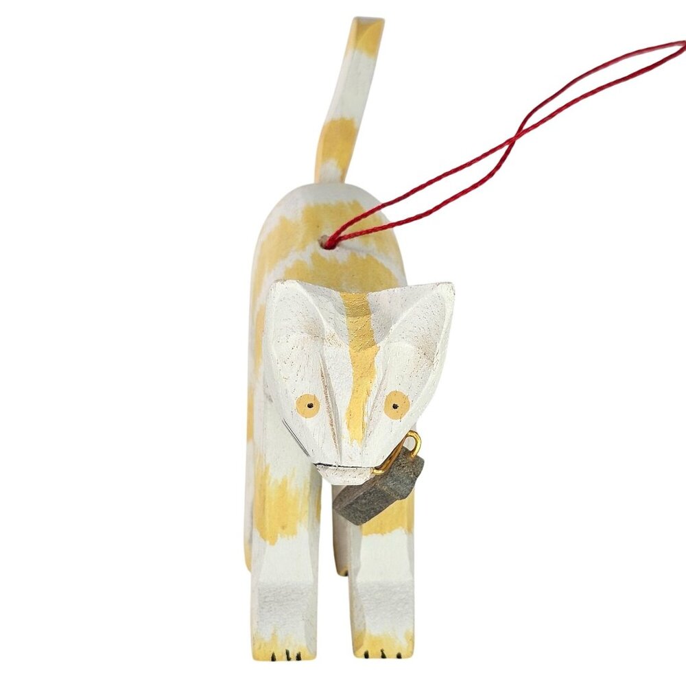 Handcrafted Wood Cat Ornament Holding Mouse In Mouth Folk Art